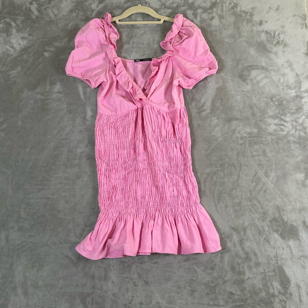Zara pink smocked linen mini ruffle dress - Picture 2 of 10